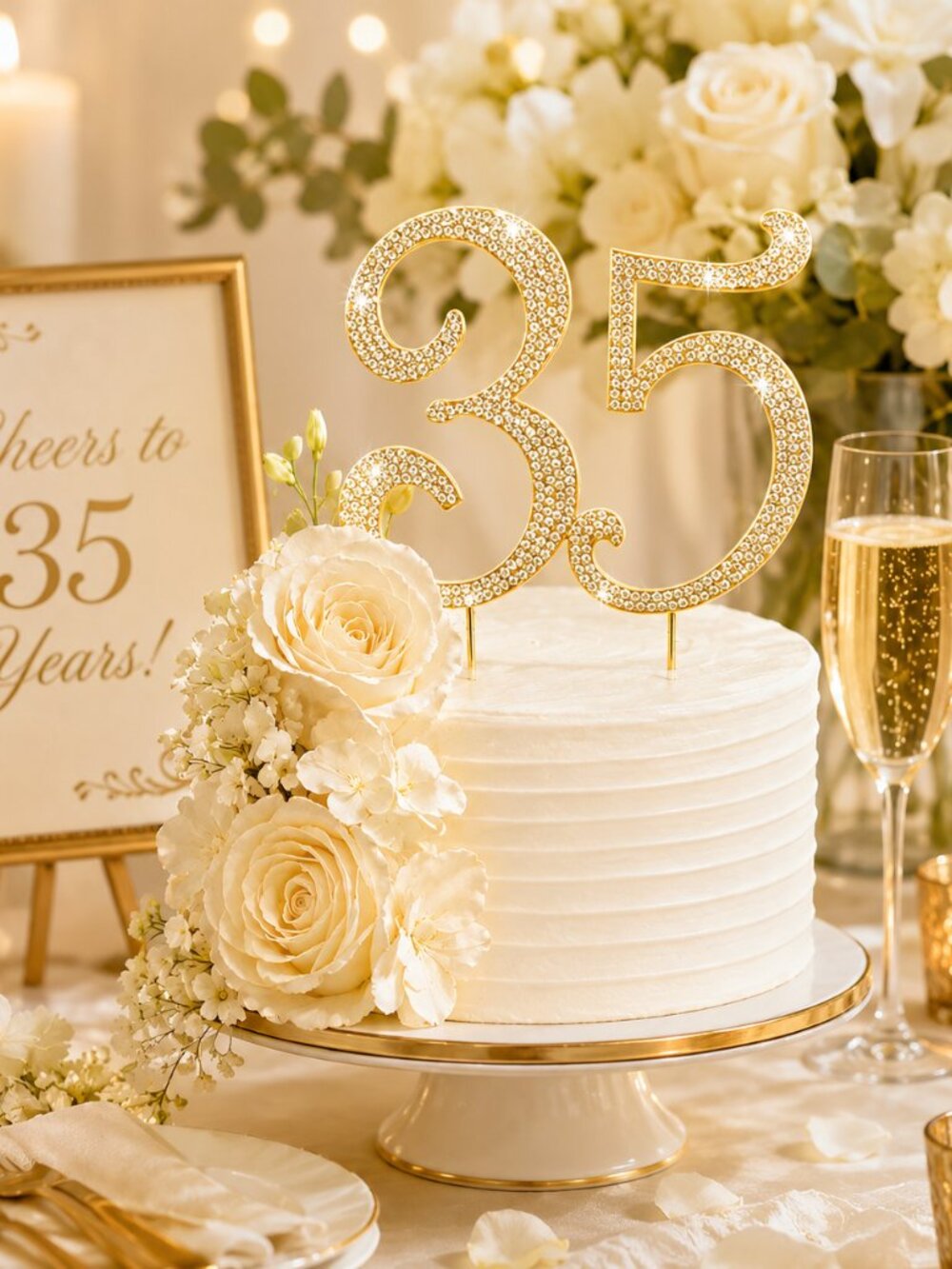 Rhinestone Cake Topper - Number 35 - Gold Metal with Czech Rhinestones